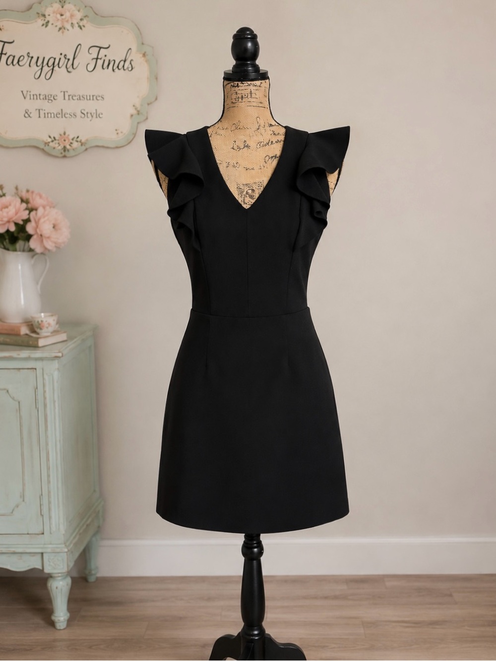 French Connection Whisper Dress – Little Black Dress with Ruffle Sleeves